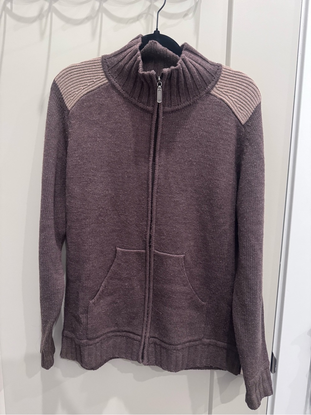Mauve Zip-Up Knit Sweater with Ribbed Shoulders